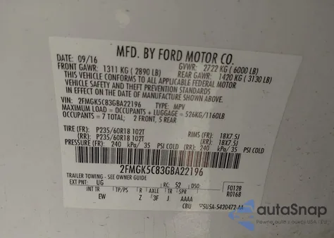 2016 Ford Flex Sel from USA, damaged, VIN 2FMGK5C83GBA22196